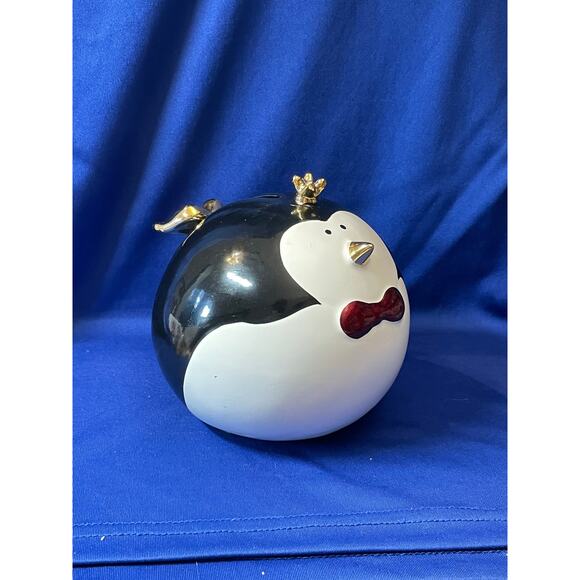 Round Porcelain Black and White Penguin Coin Bank - Picture 7 of 7
